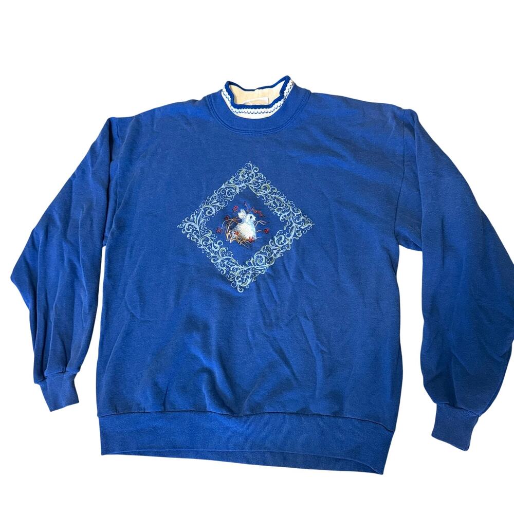 VTG Morning Sun Blue Double Collar Rabbit Graphic Grandma Sweatshirt Easter Sz??